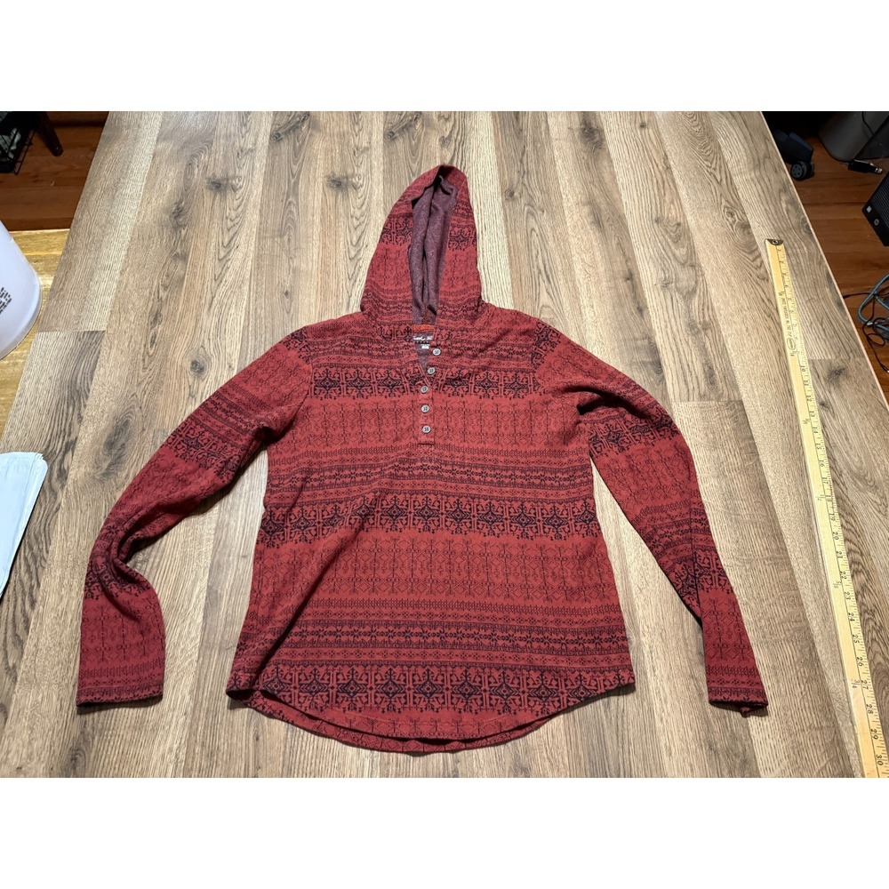 North River Shirt Women's Size Small Red Black Long Sleeve Hooded 1/4 Button